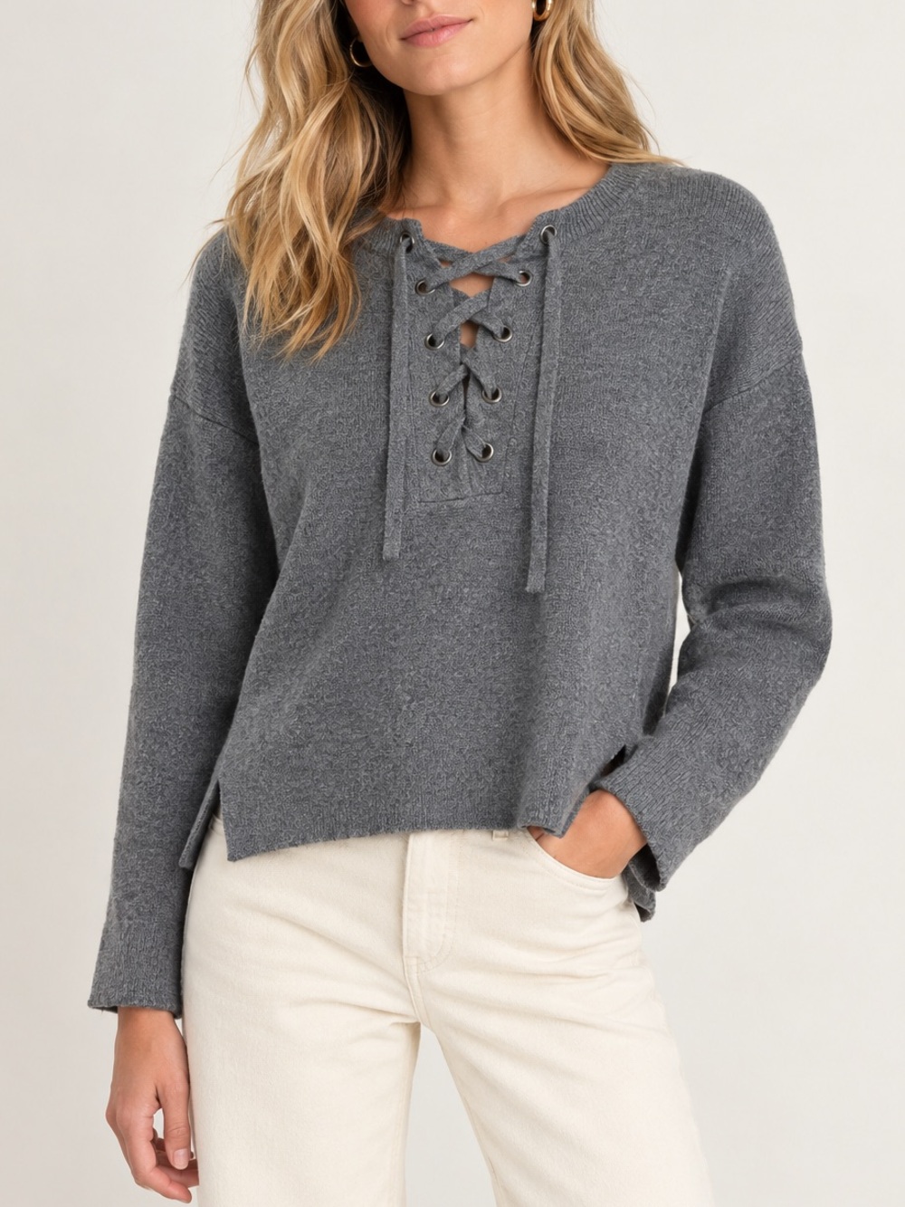 Madewell Lace-Up Pullover Sweater Wool Minimalist Fall Fashion Grey Size Small